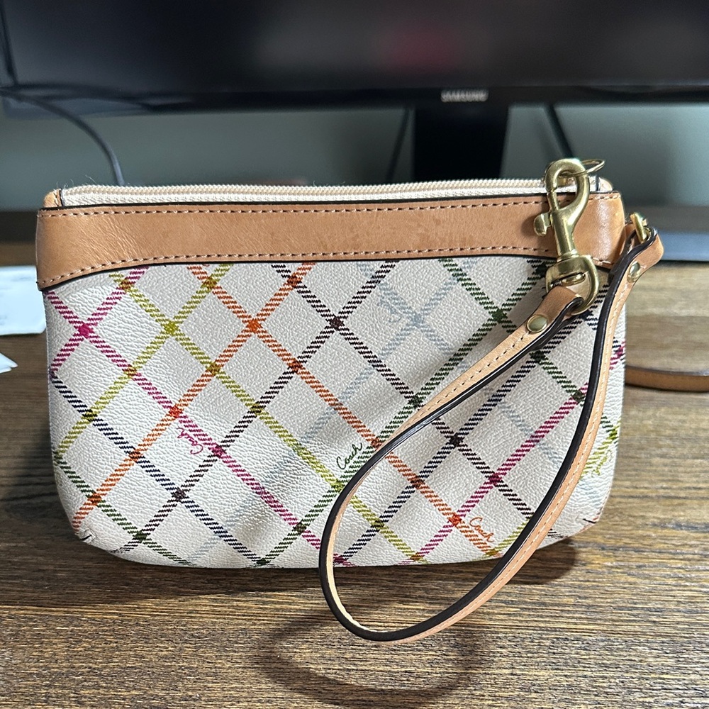 Coach Tan and Multicolor Plaid Wristlet